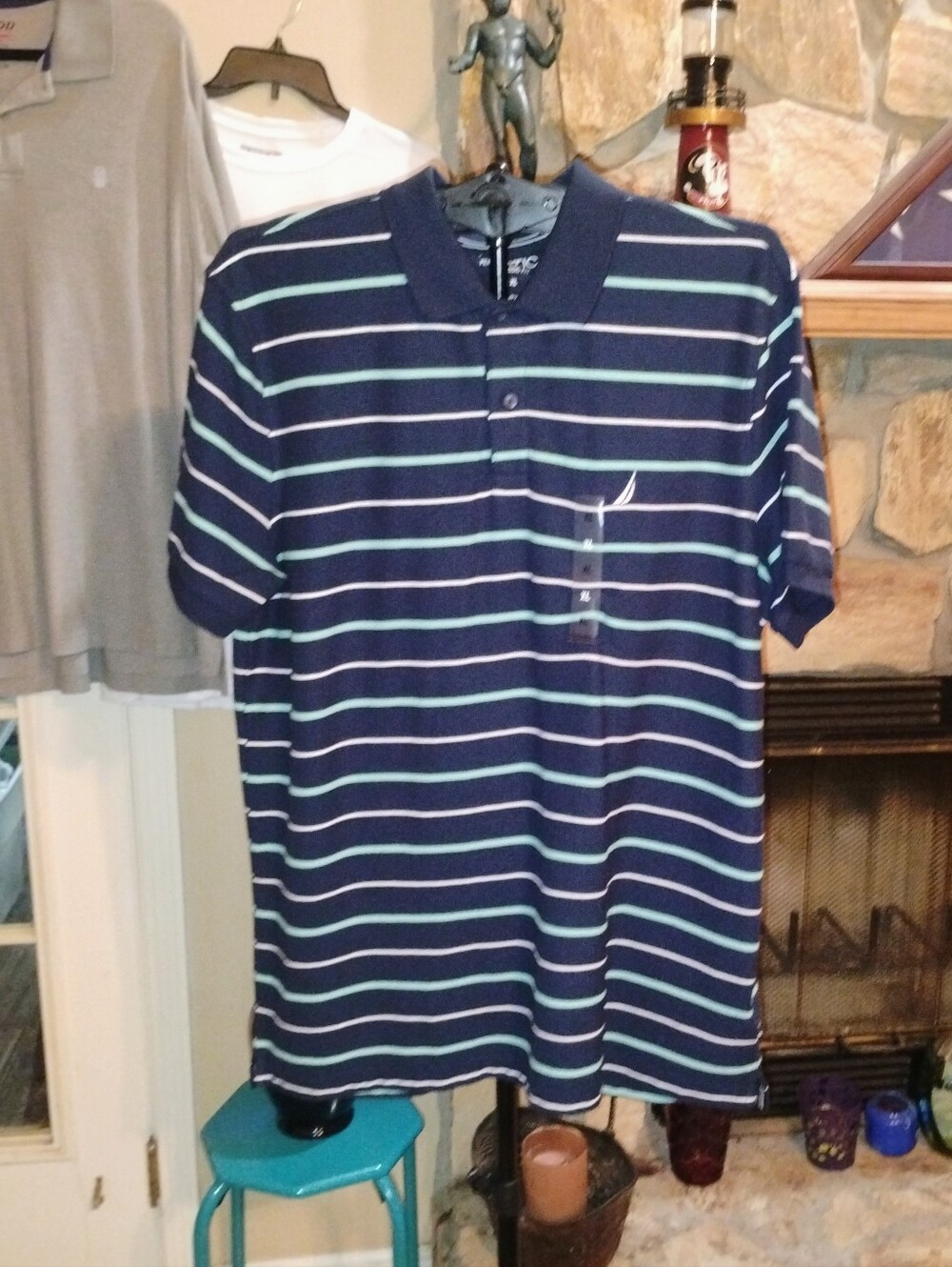 Nautica Navy Blue Striped Polo with Light Blue & White Stripes